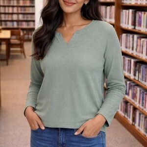 Notch Neck Waffle Long Sleeve Top - Sage Green